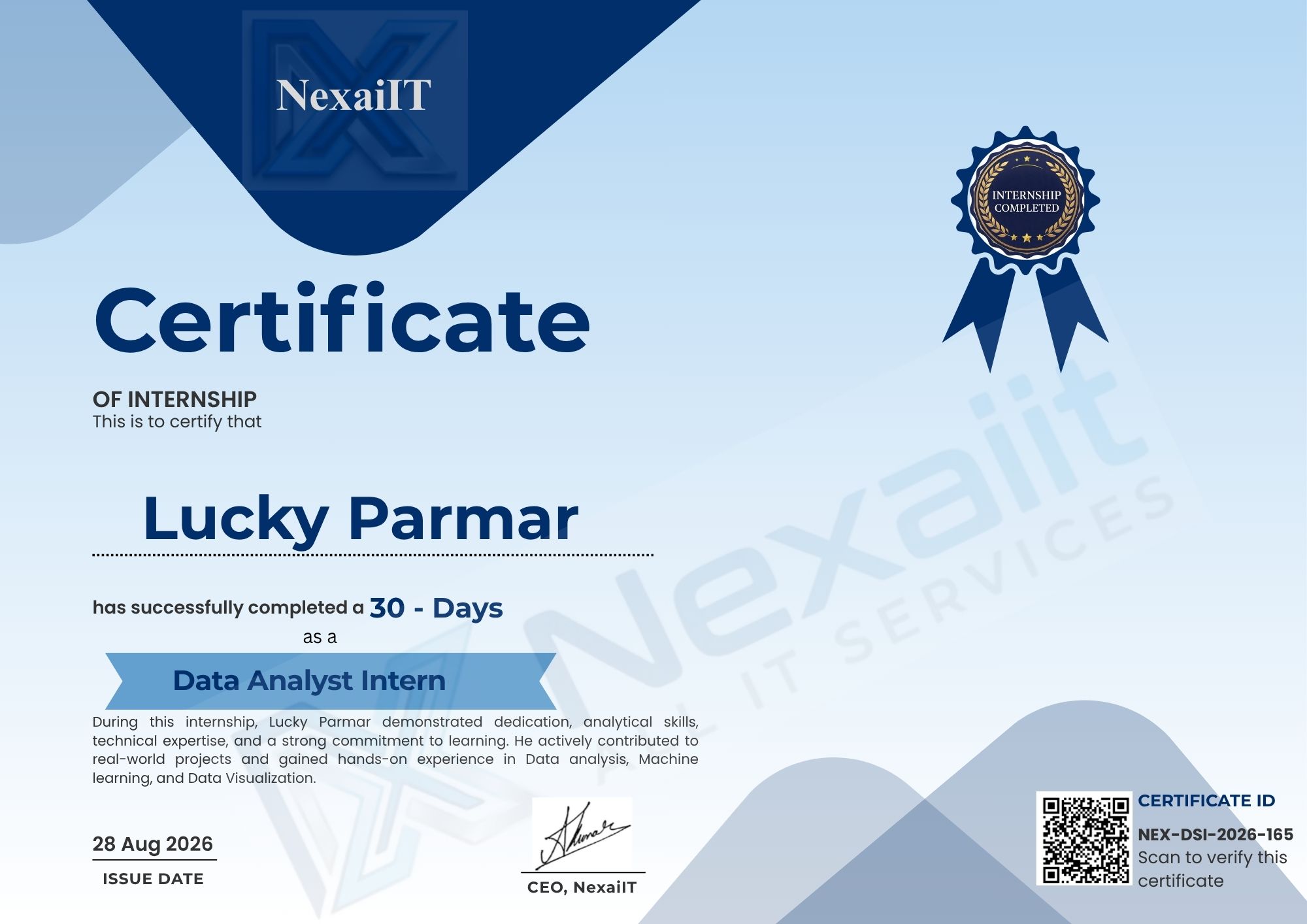 Lucky Parmar's certificate — NEXA-DSI-2026-165