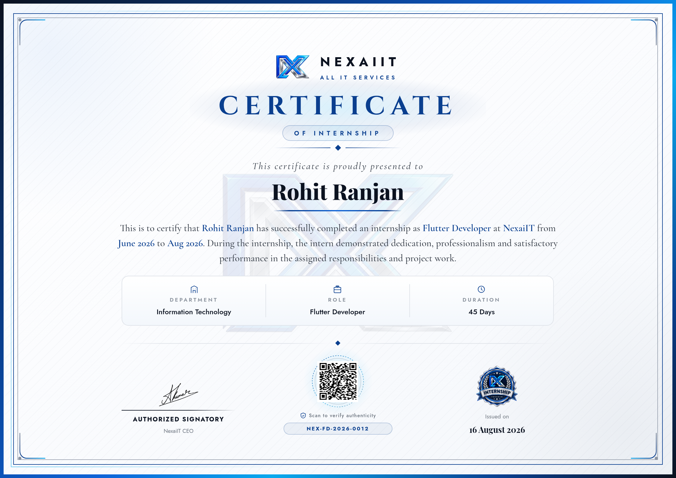Rohit Ranjan's certificate — NEX-FD-2026-0012