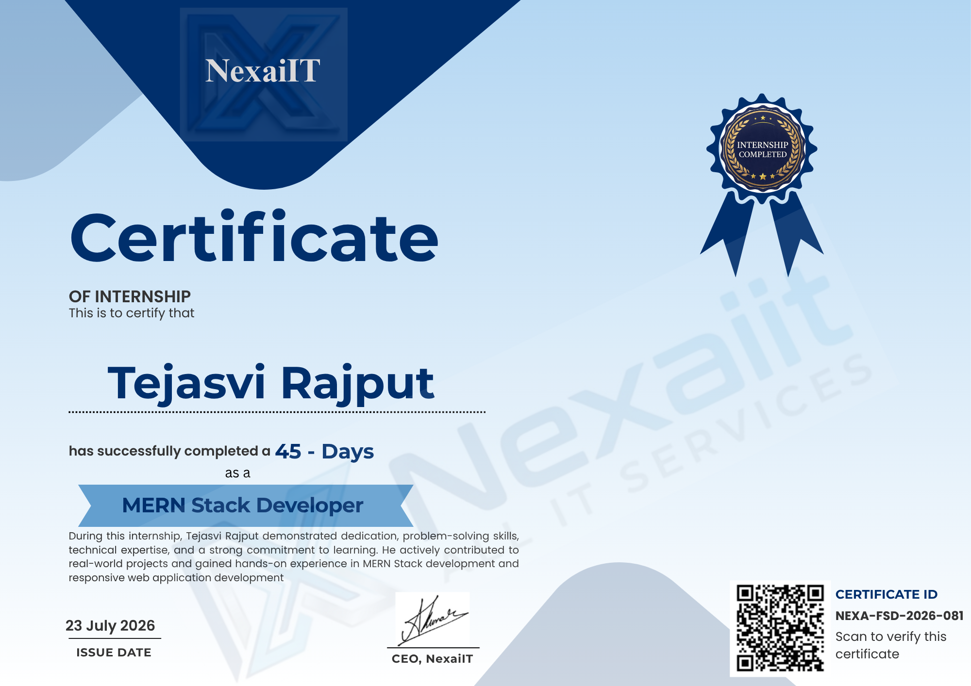 Tejasvi Rajput's certificate — NEXA-FSD-2026-081