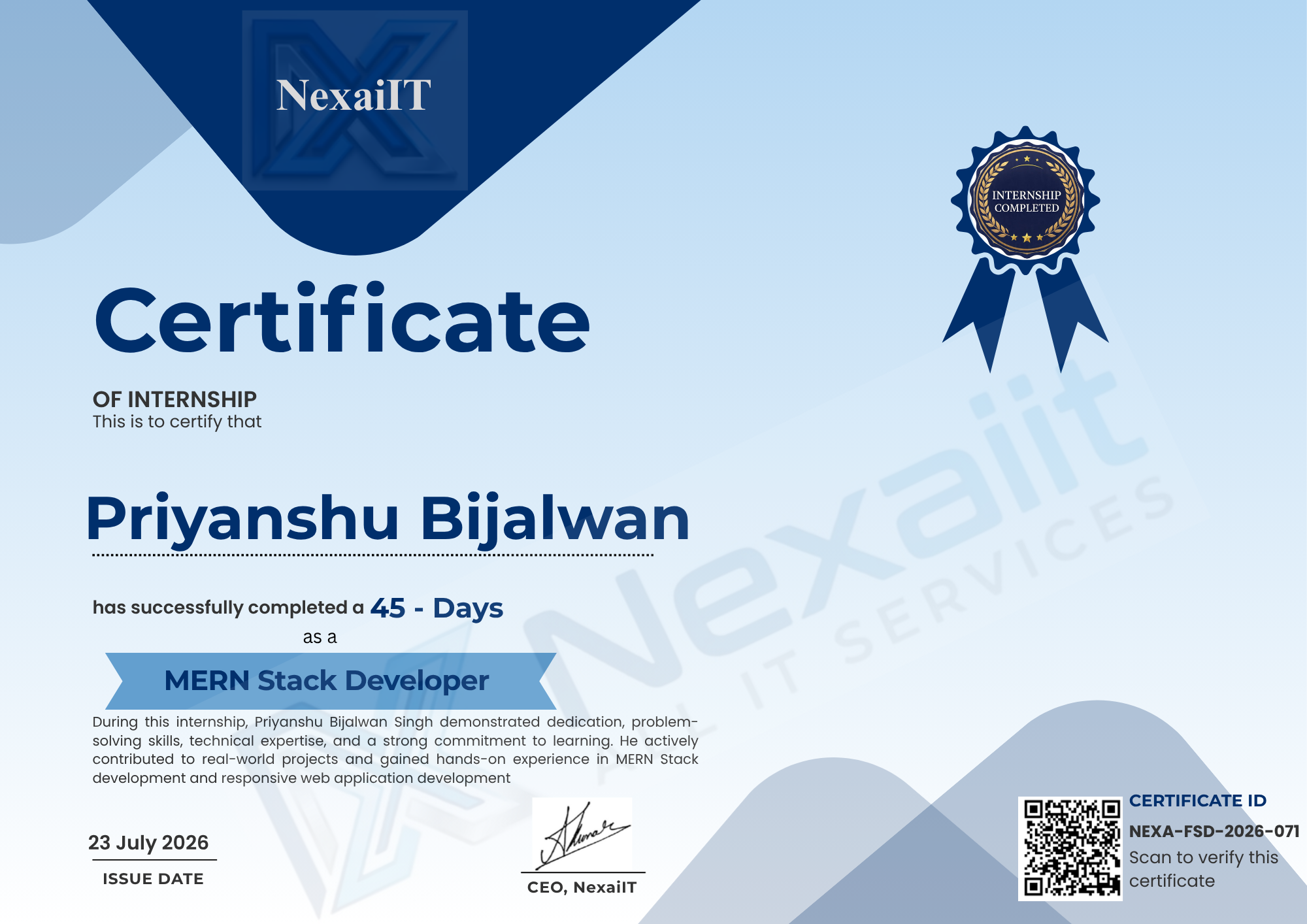 Priyanshu Bijalwan's certificate — NEXA-FSD-2026-071