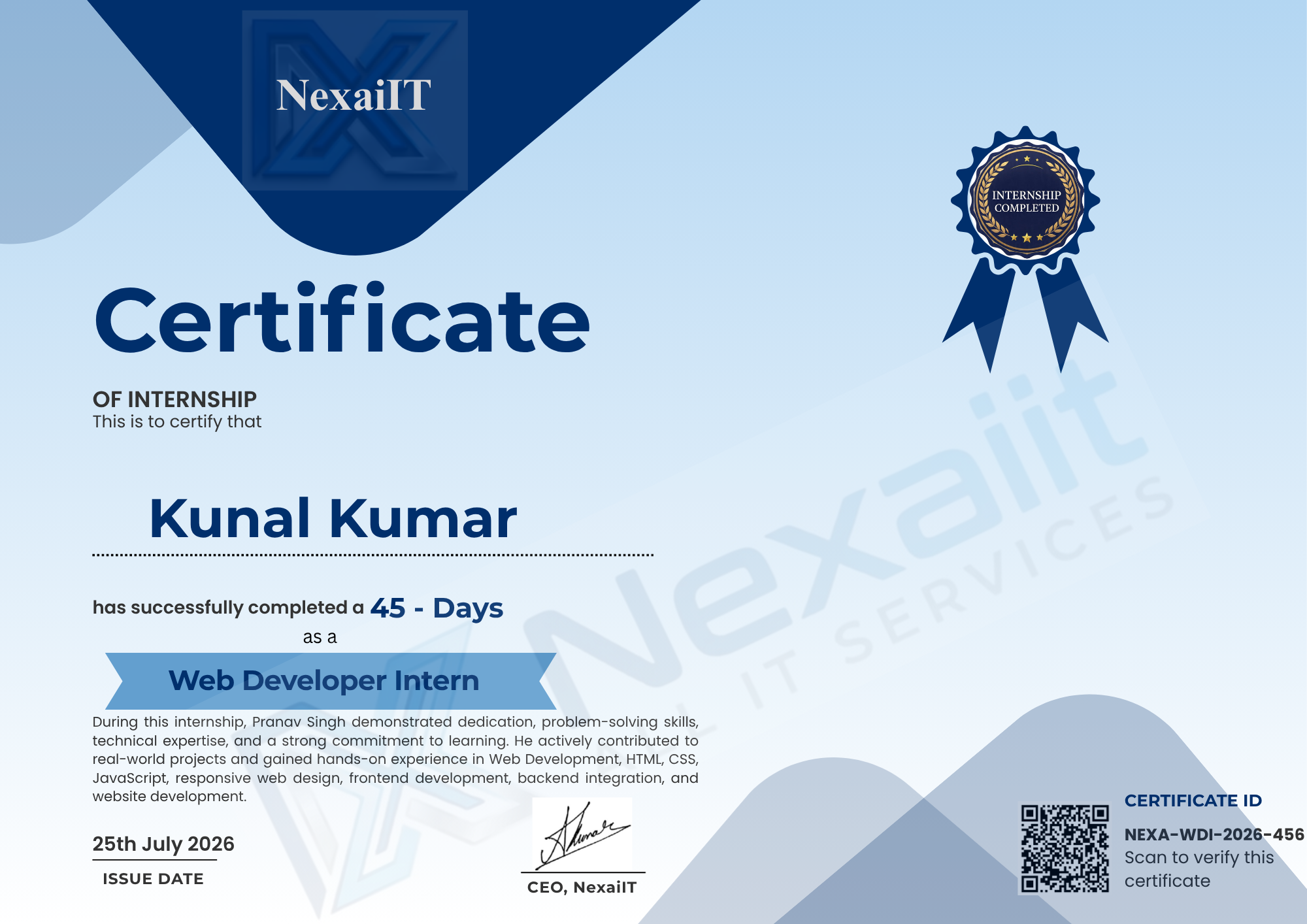 Kunal Kumar's certificate — NEXA-WDI-2026-456