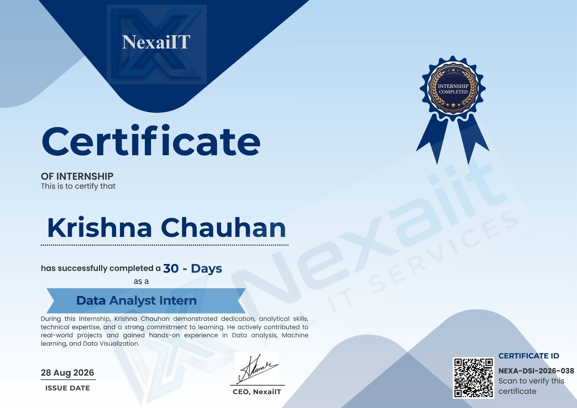 Krishna Chauhan's certificate — NEXA-DSI-2026-038